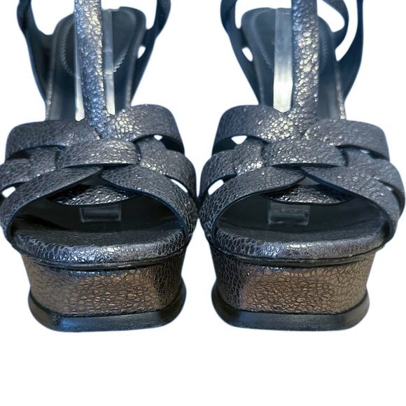 Saint Laurent Tribute Pewter Silver Embossed Leather Platform High Heels  38 - Picture 4 of 12